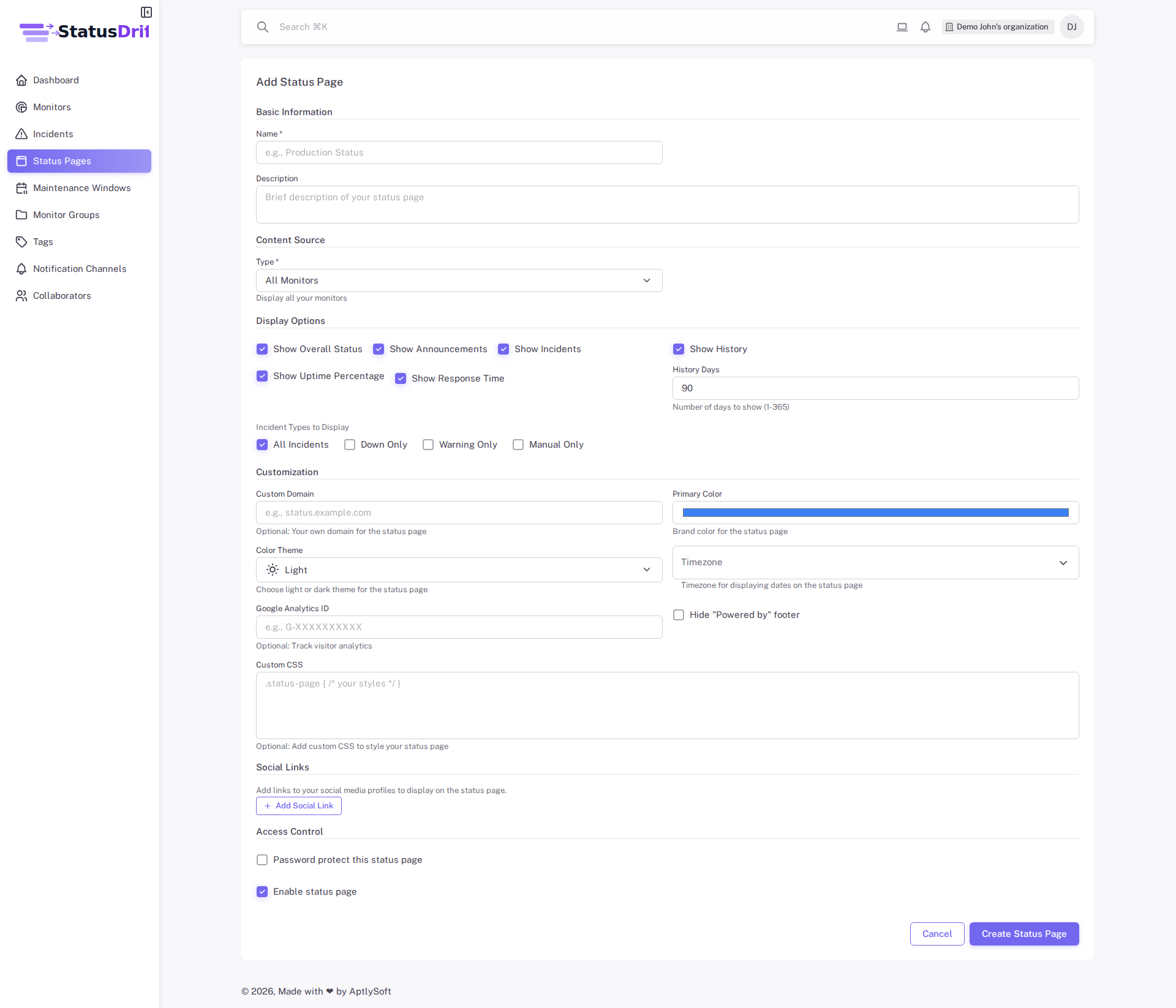 StatusDrift Add Status Page form showing all configuration options