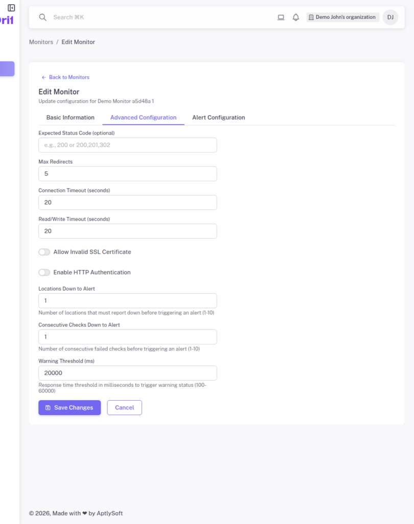 StatusDrift advanced alert settings showing consecutive checks down to alert and locations down to alert configuration options