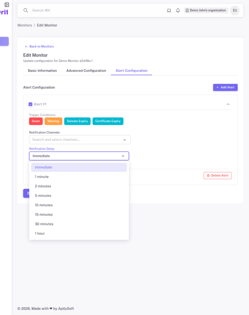 Alert delay options dropdown showing timing options from Immediate to 1 hour