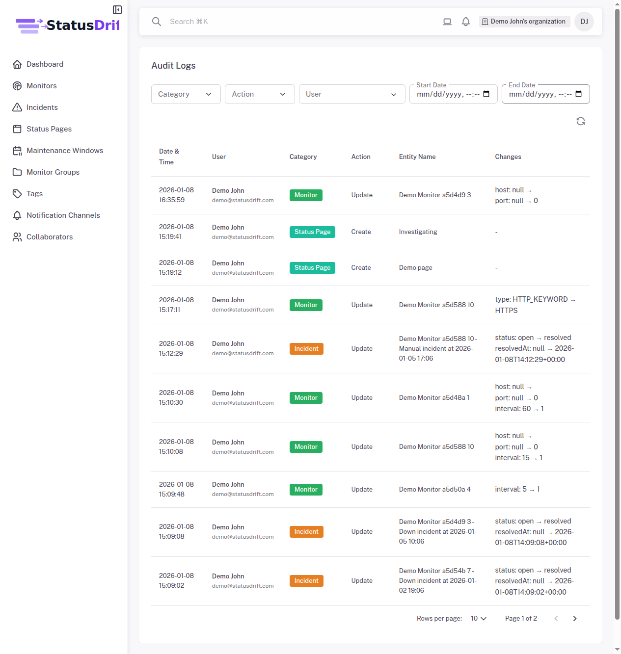 StatusDrift Audit Log interface showing activity history with filtering options