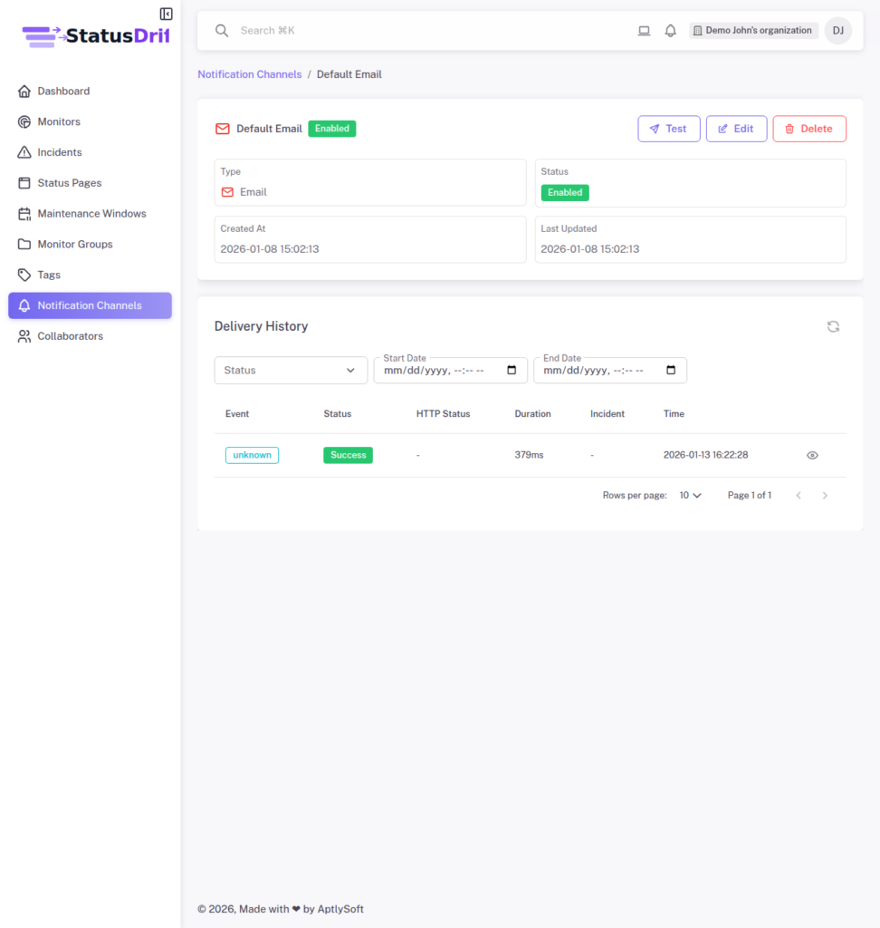 StatusDrift notification channel detail page showing Test button and Delivery History section