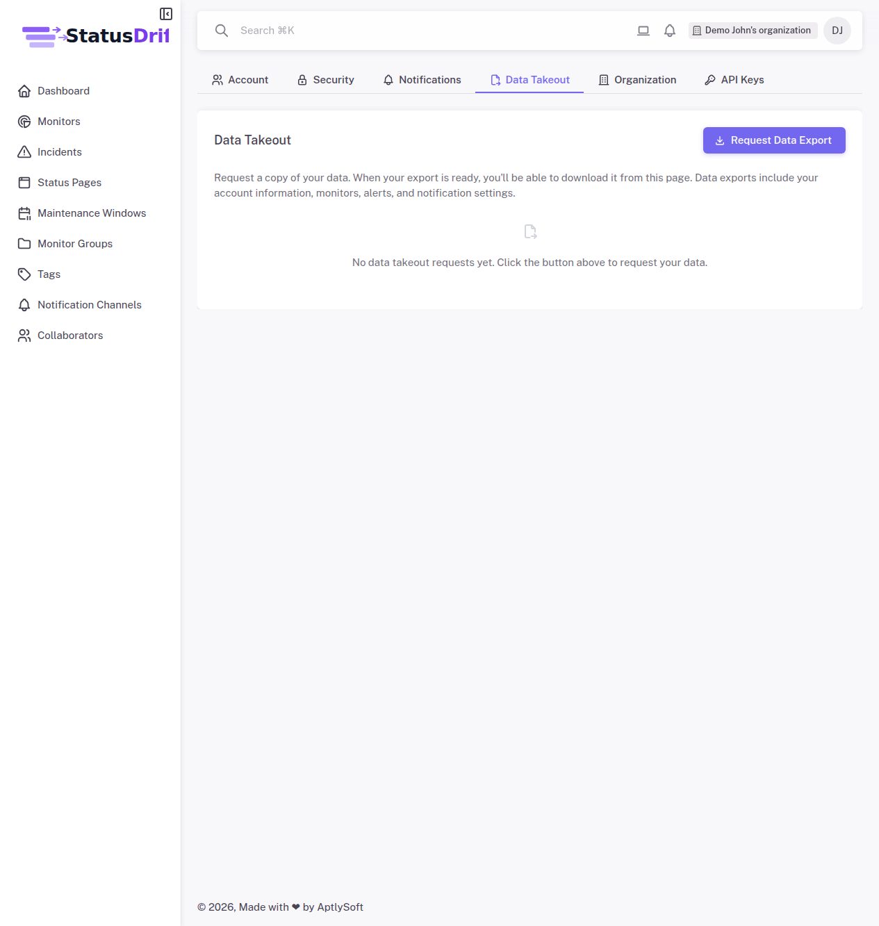 Data Takeout settings page
