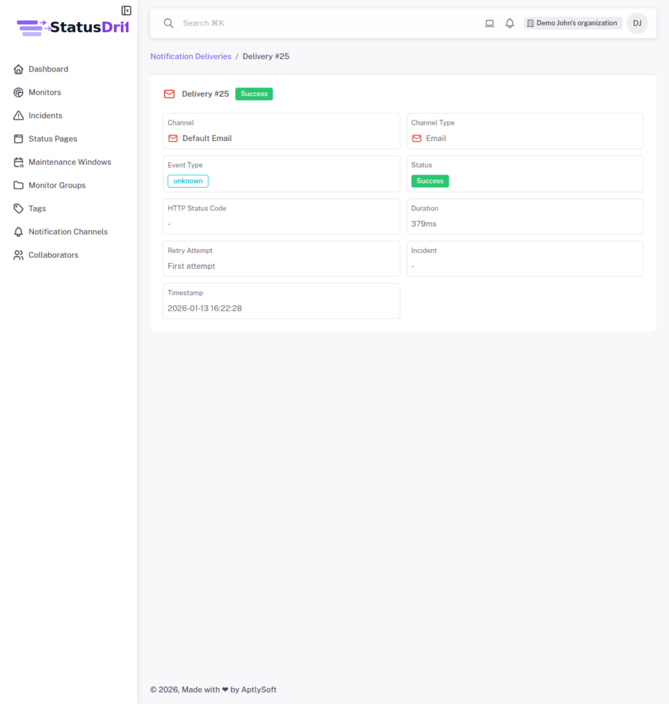 StatusDrift delivery detail page showing comprehensive delivery information including status and duration