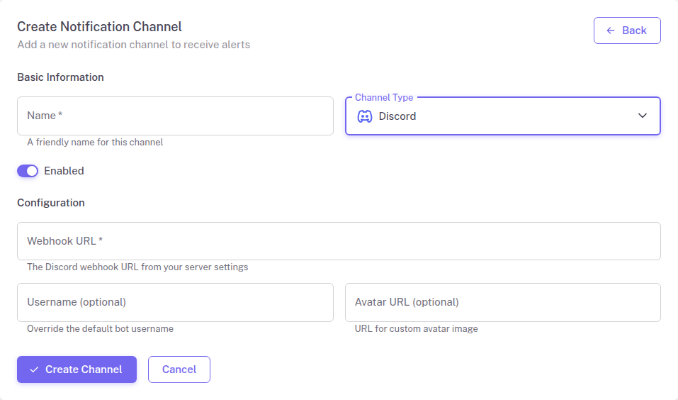 Discord integration configuration form in StatusDrift