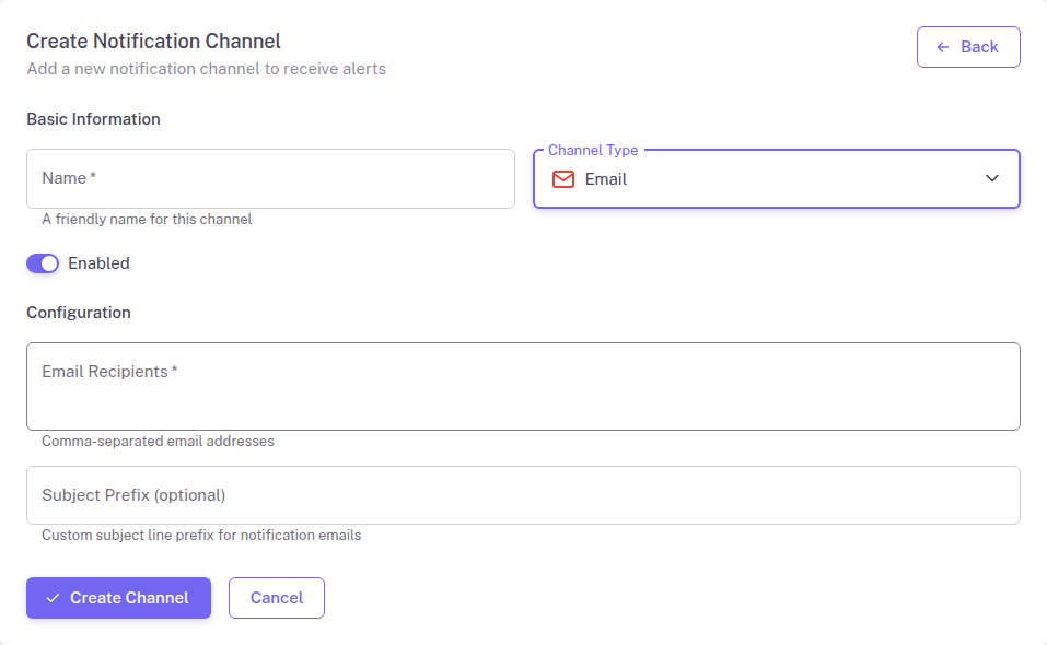 Email notification configuration form in StatusDrift