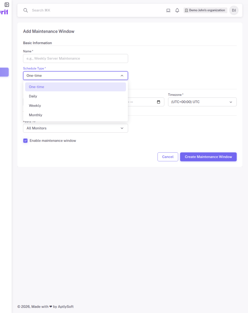 StatusDrift maintenance window schedule type options showing One-time, Daily, Weekly, and Monthly recurring options