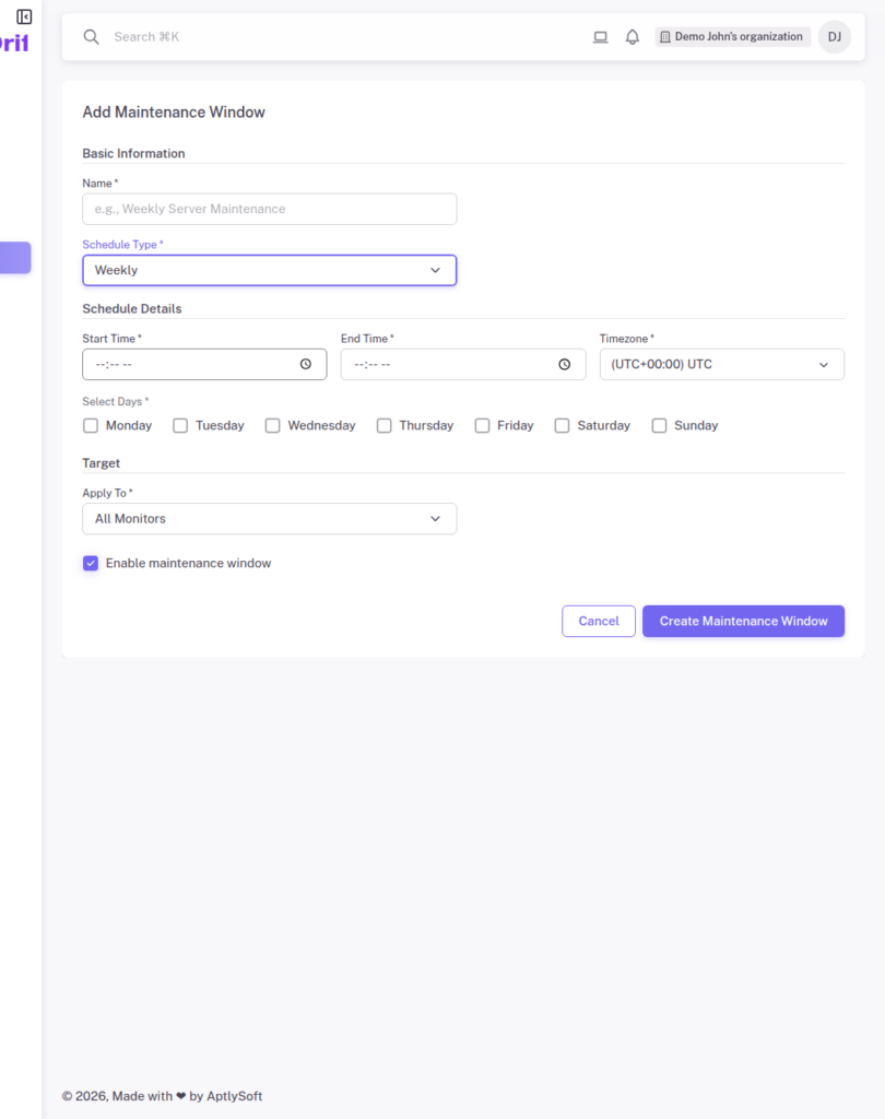 StatusDrift maintenance window creation form showing name, schedule type, time range, timezone, and affected monitors fields