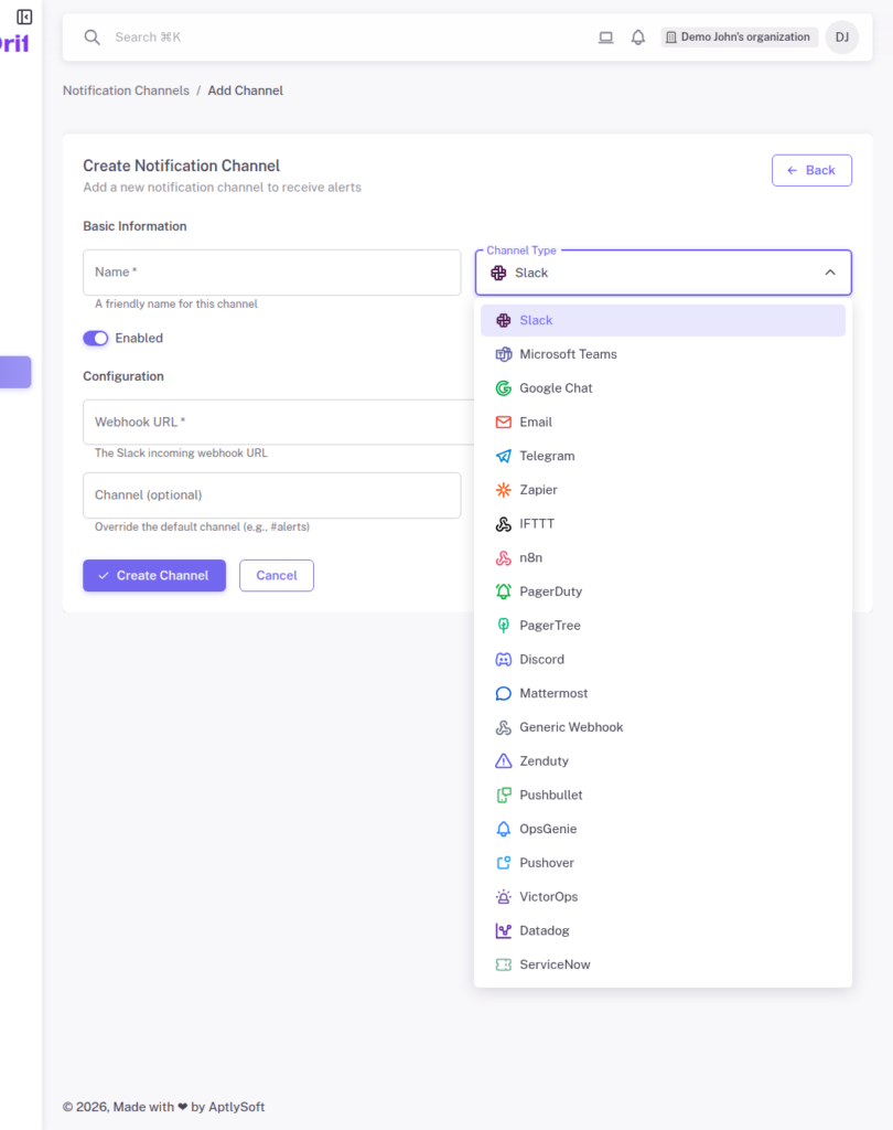 StatusDrift notification channel type selection showing available integrations like Slack, Discord, PagerDuty, and other services