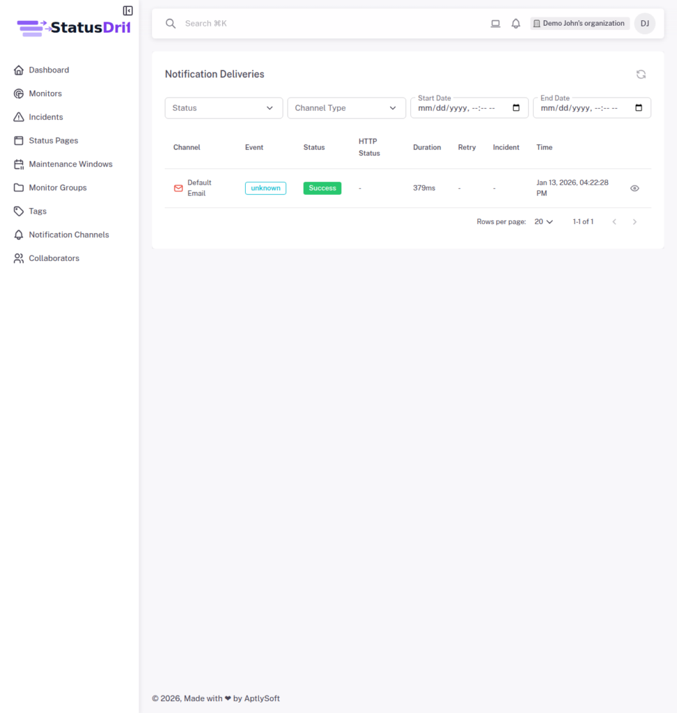 StatusDrift notification deliveries page showing delivery history with filtering options