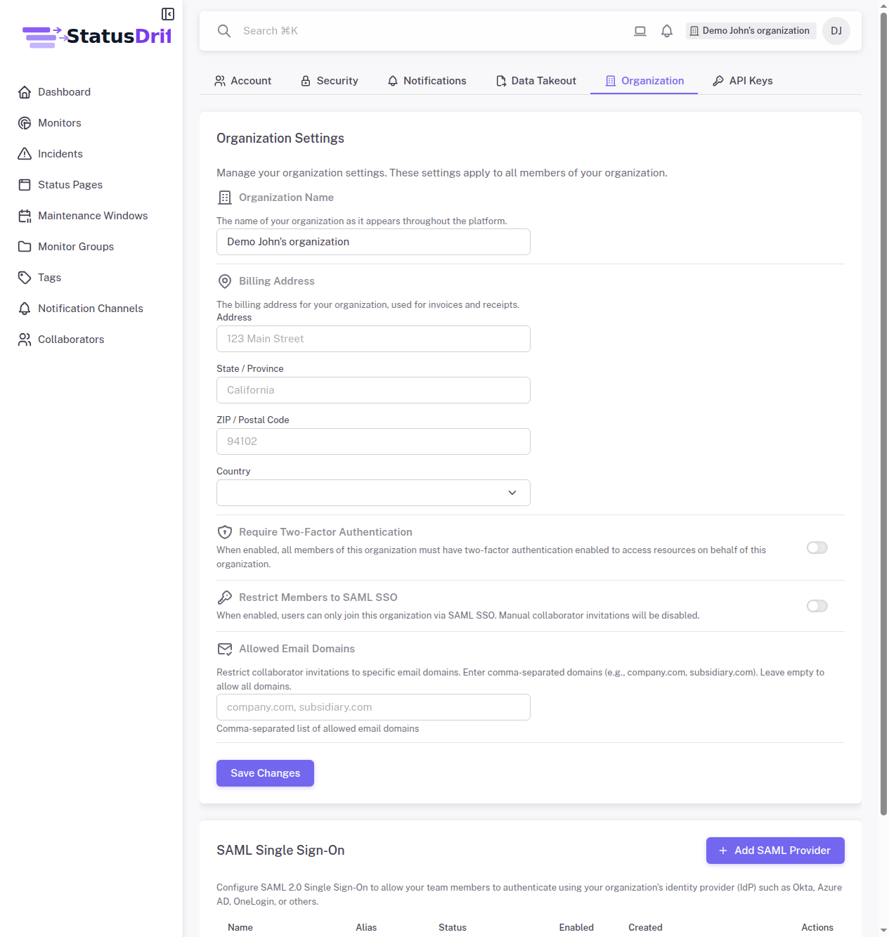 Organization Settings page