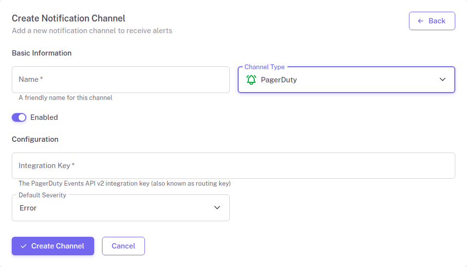 PagerDuty integration configuration form in StatusDrift