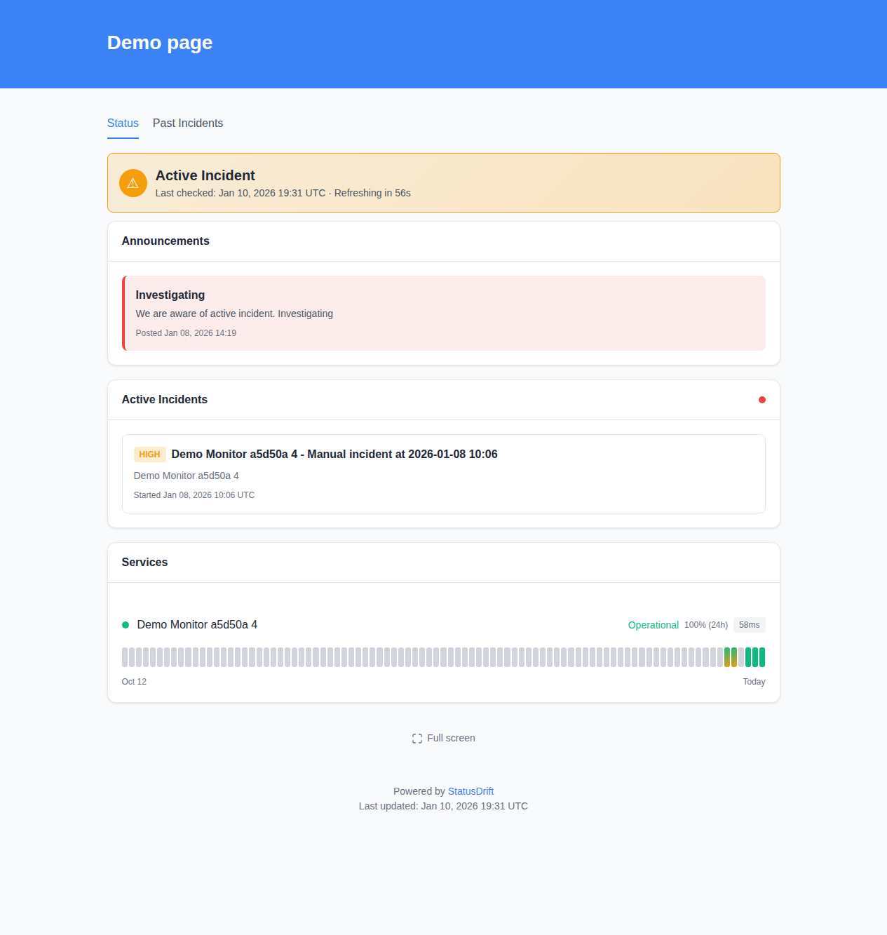 Example of a customized StatusDrift status page showing monitor status and uptime history