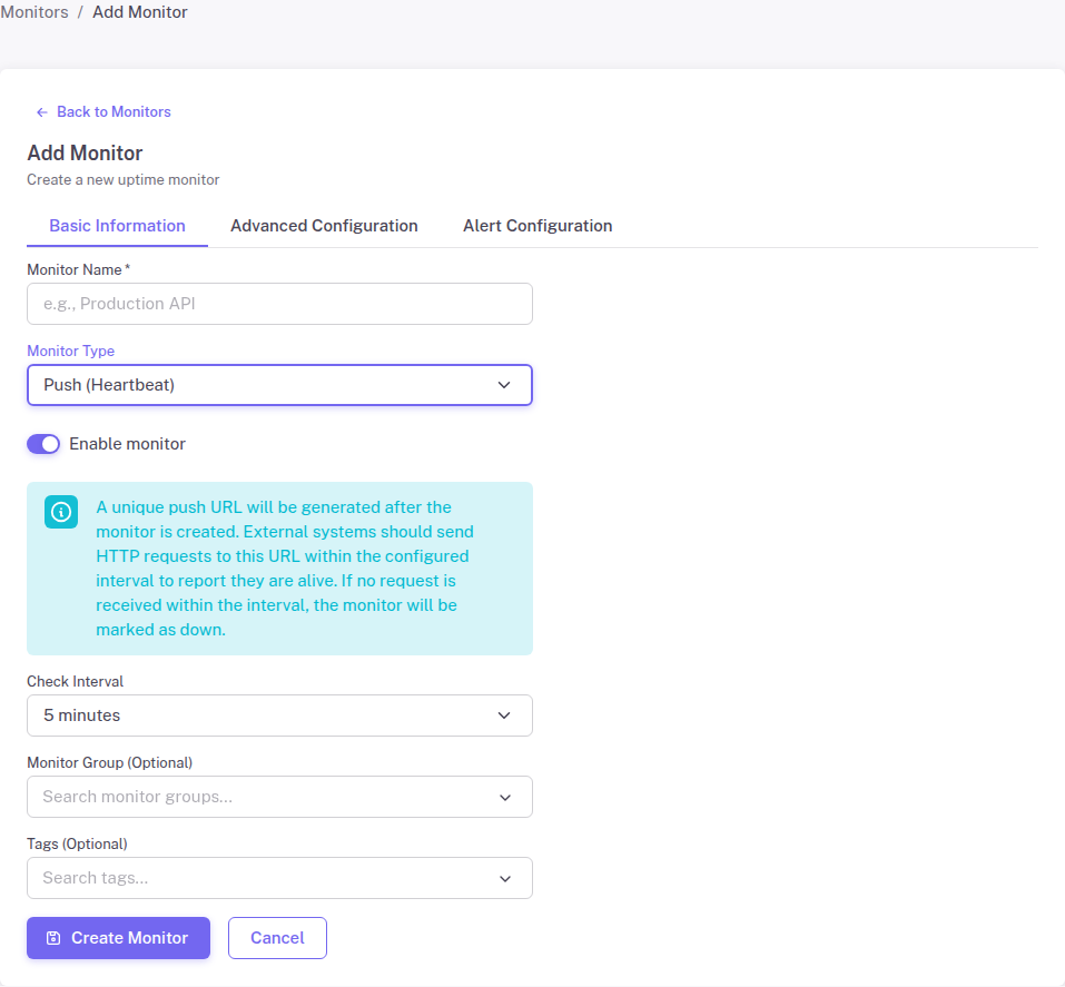 Push heartbeat monitor configuration form in StatusDrift