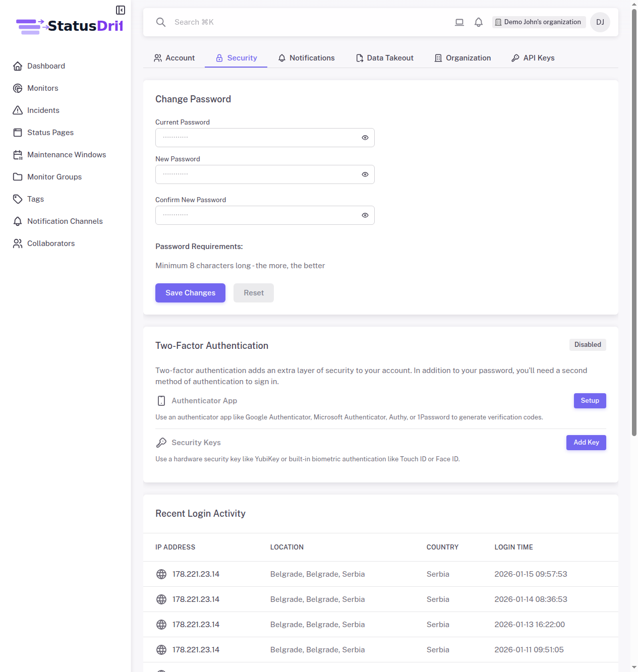 Security settings page showing recent login activity
