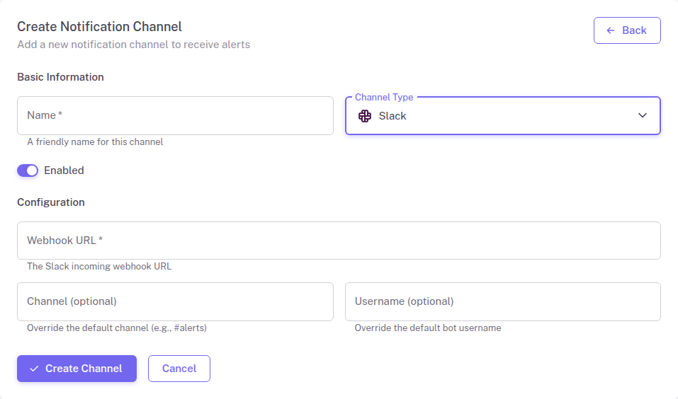 Slack integration configuration form in StatusDrift