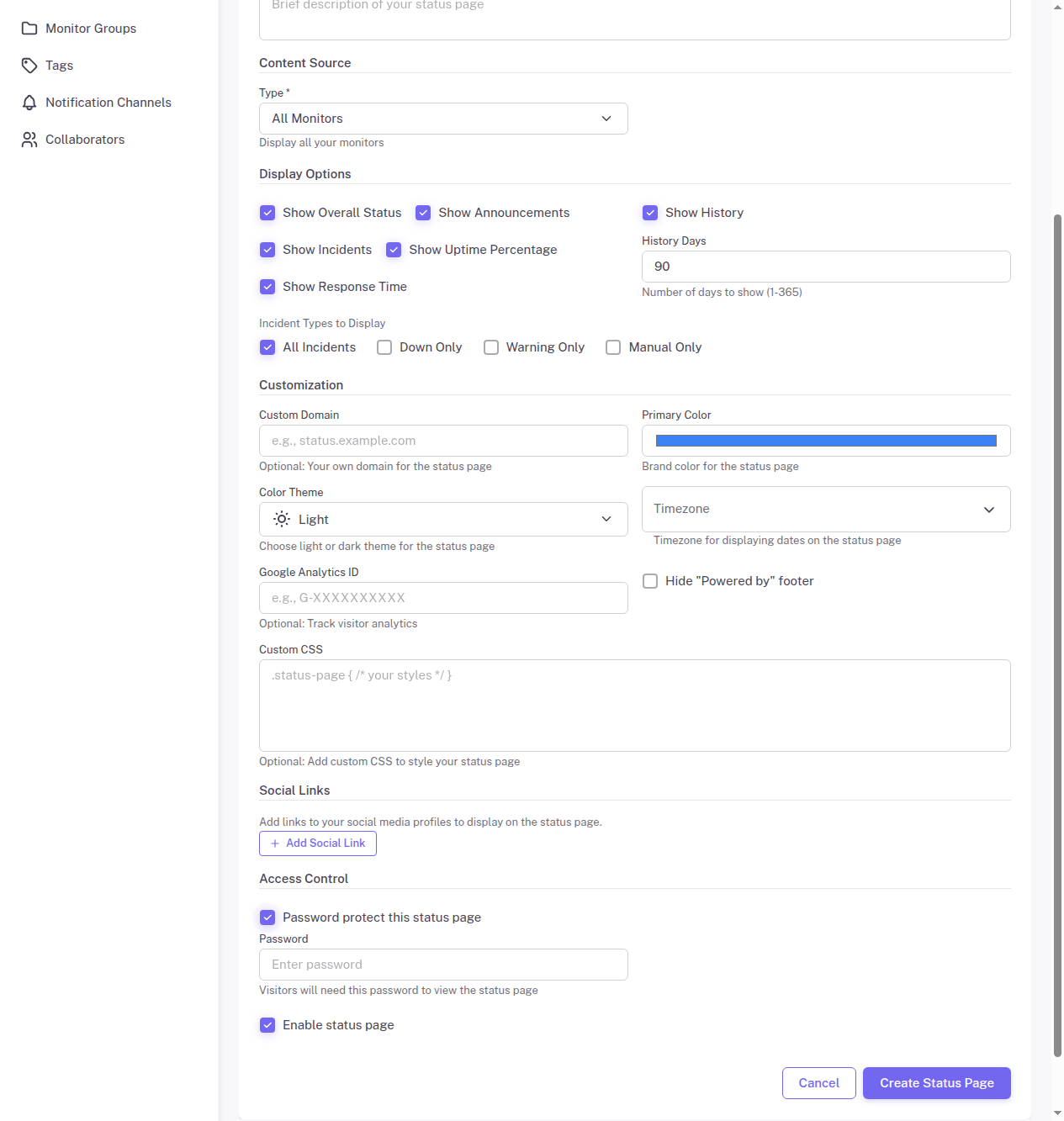 Access Control section showing the password protection checkbox and password field
