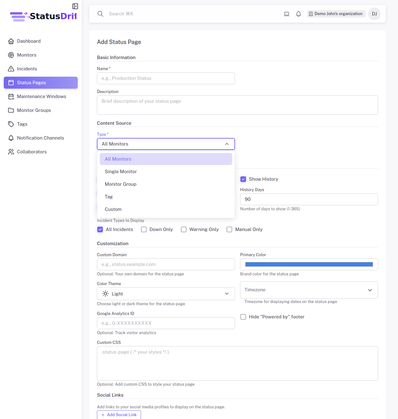 Status page type dropdown showing All Monitors, Single Monitor, Monitor Group, Tag, and Custom options