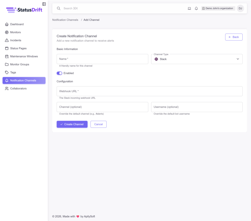 StatusDrift add notification channel form showing channel name and type selection