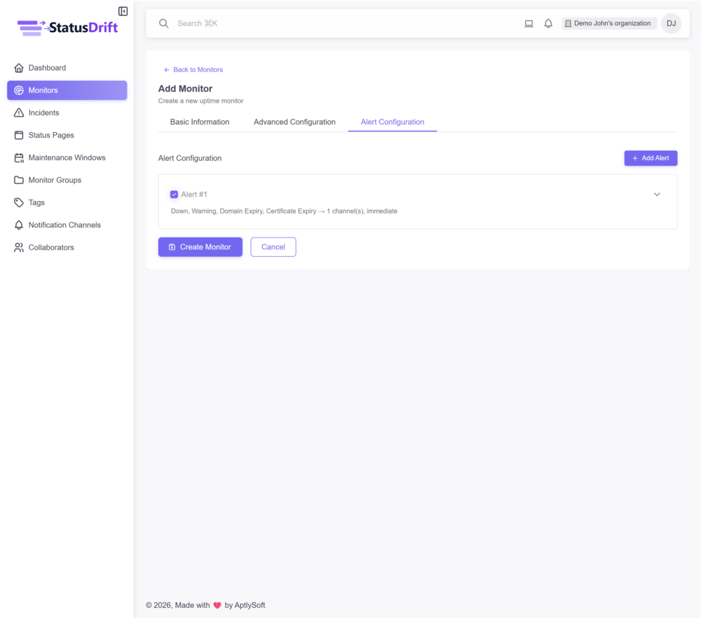 StatusDrift alert configuration tab showing trigger conditions, notification channels, and delay settings