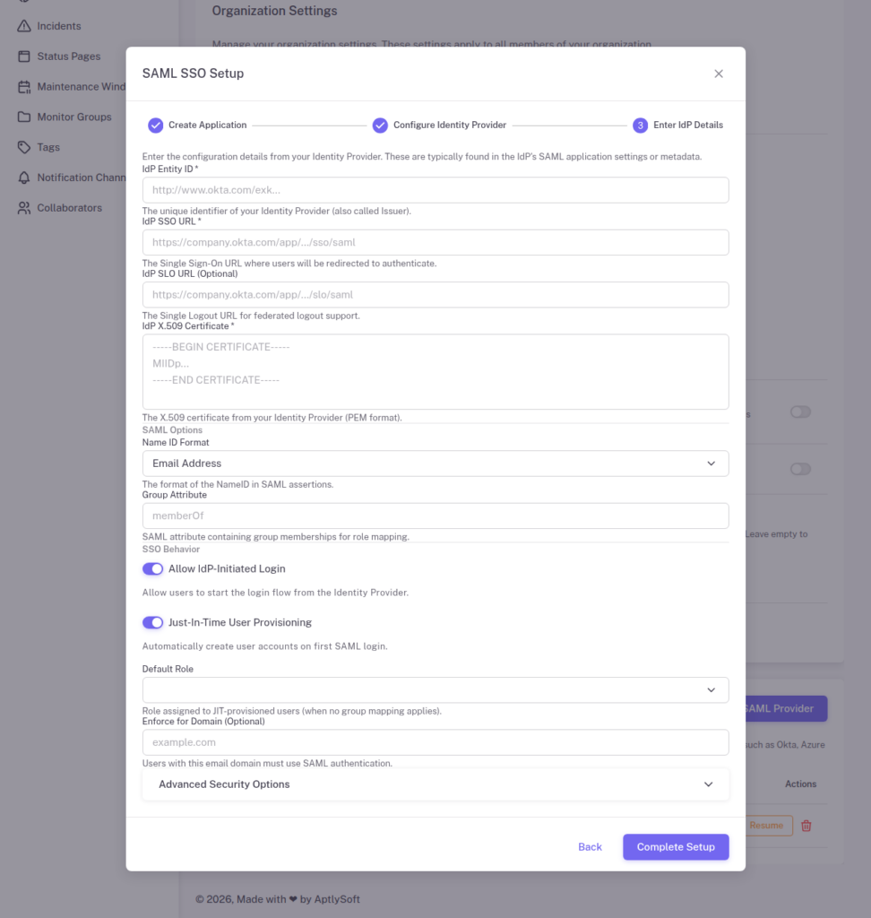StatusDrift IdP configuration form