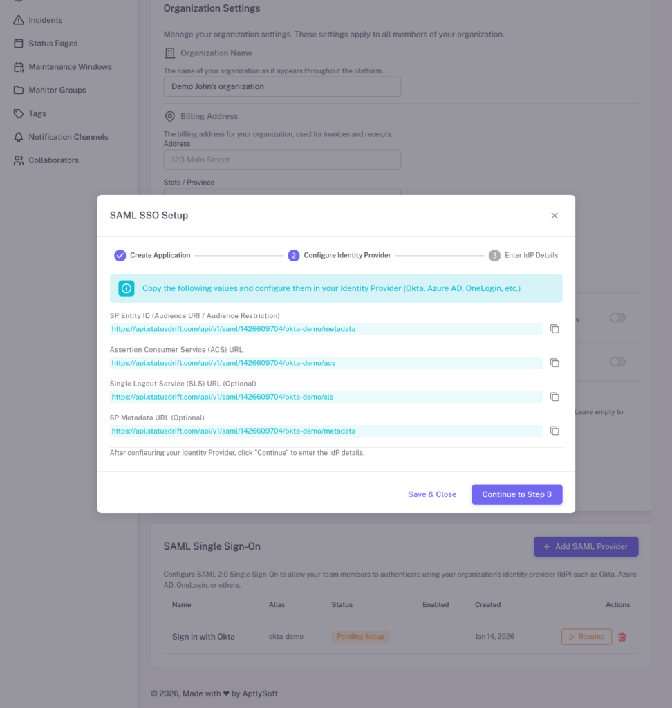 StatusDrift SP metadata showing Entity ID, ACS URL, and SLS URL