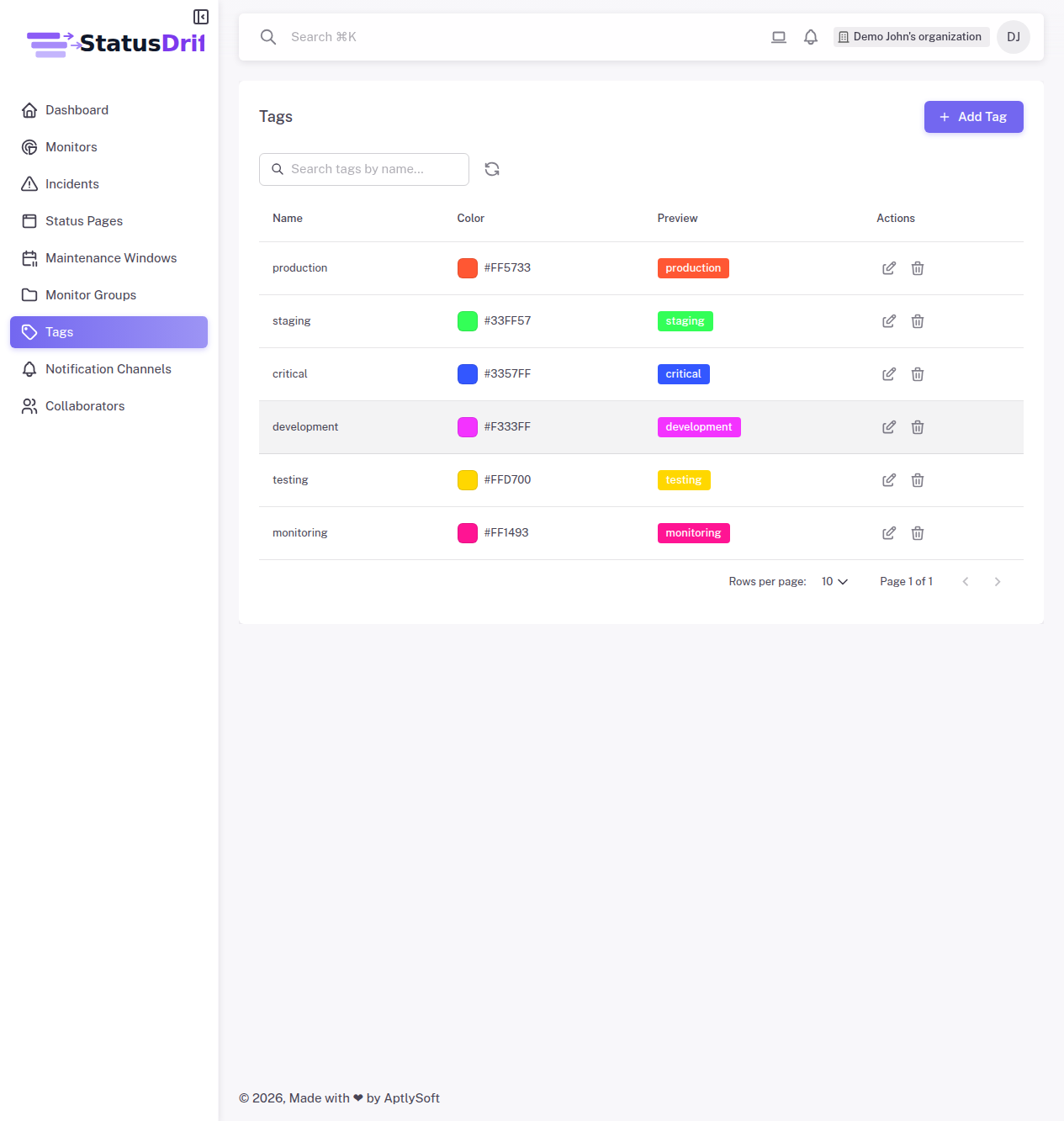 StatusDrift tags list showing color-coded tags with name, hex color, and badge preview