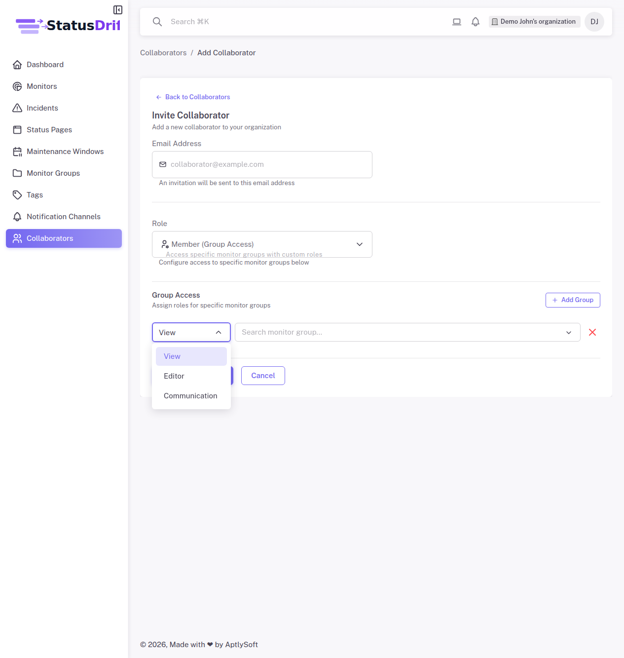 StatusDrift collaborator invitation form showing Member (Group Access) role with View, Editor, and Communication group permission options