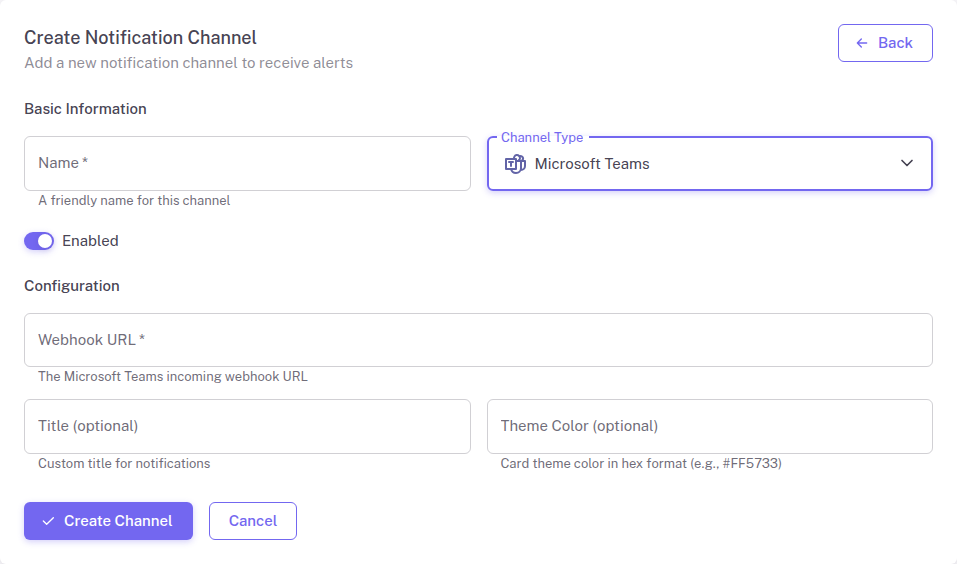 Microsoft Teams legacy connector configuration form in StatusDrift