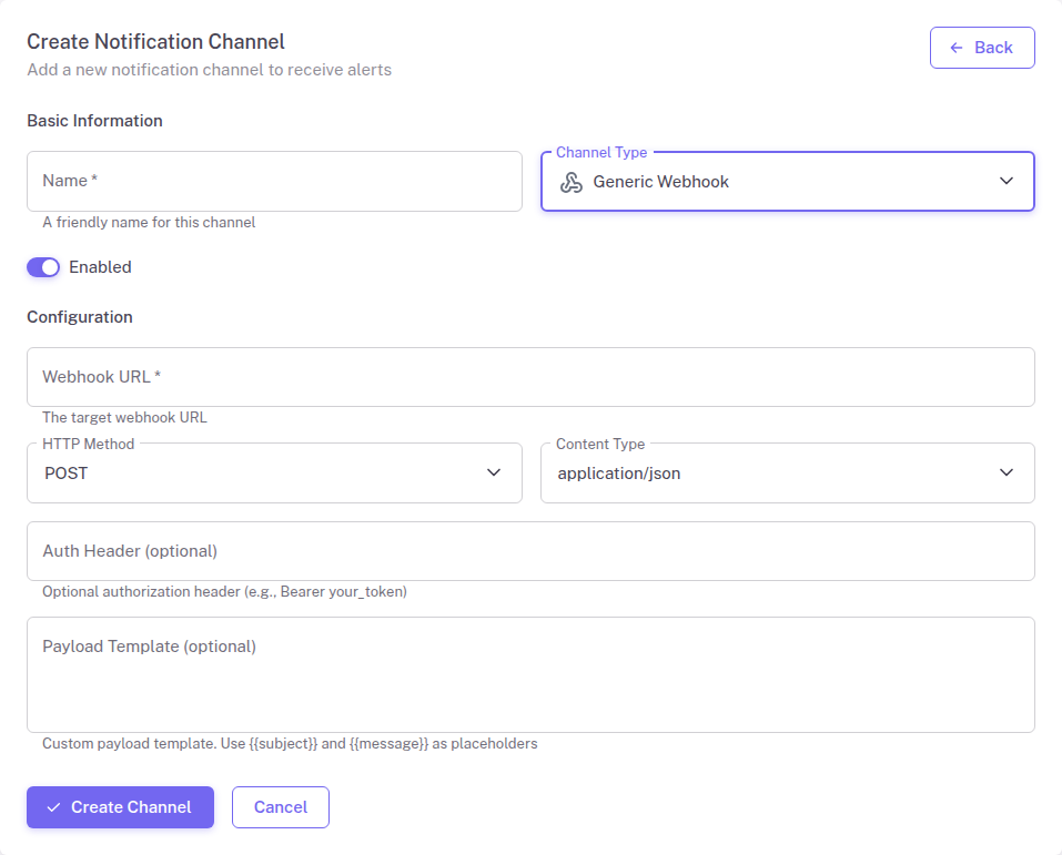 Webhook configuration form in StatusDrift
