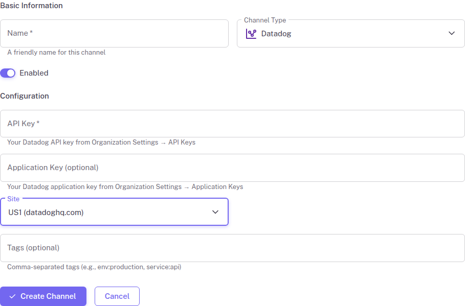 Datadog notification channel configuration form in StatusDrift showing API Key, Application Key, Site, and Tags fields