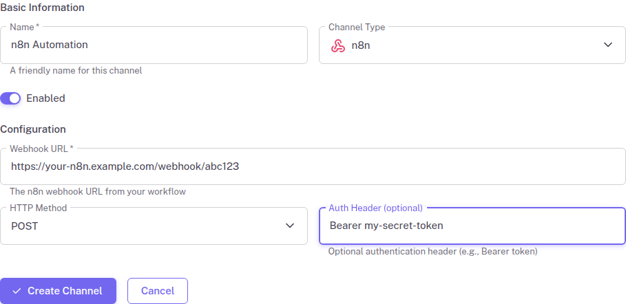 StatusDrift n8n channel configuration form showing the Webhook URL, HTTP Method, and Auth Header fields