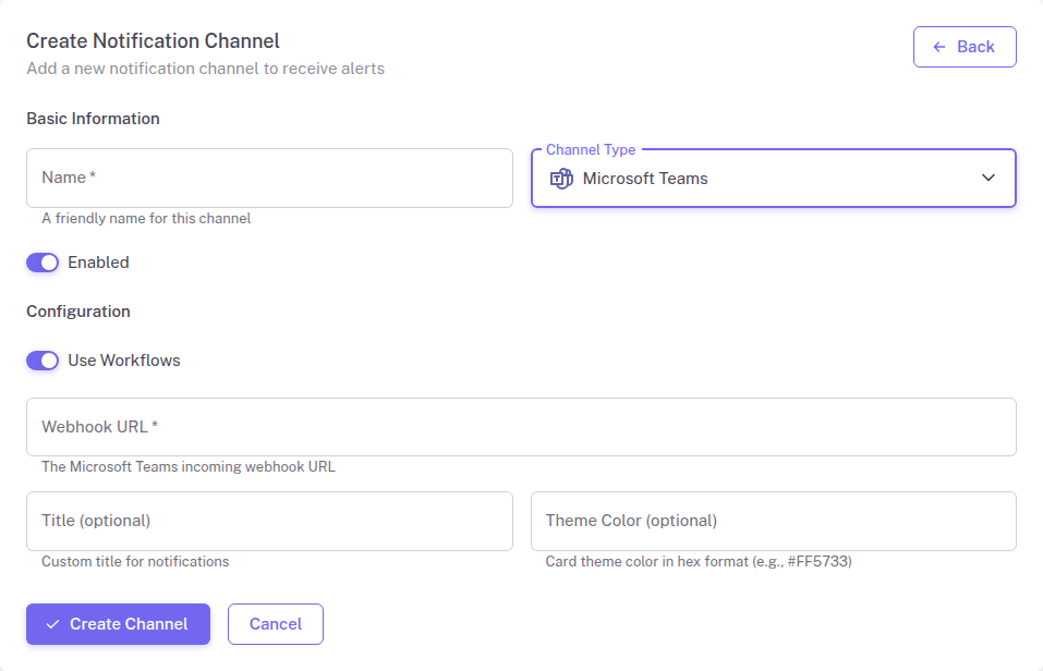 Microsoft Teams Workflows configuration form in StatusDrift
