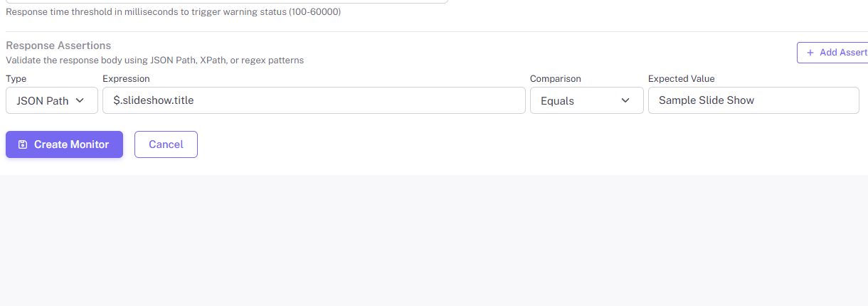 Response Assertions section configured with a JSON Path expression.