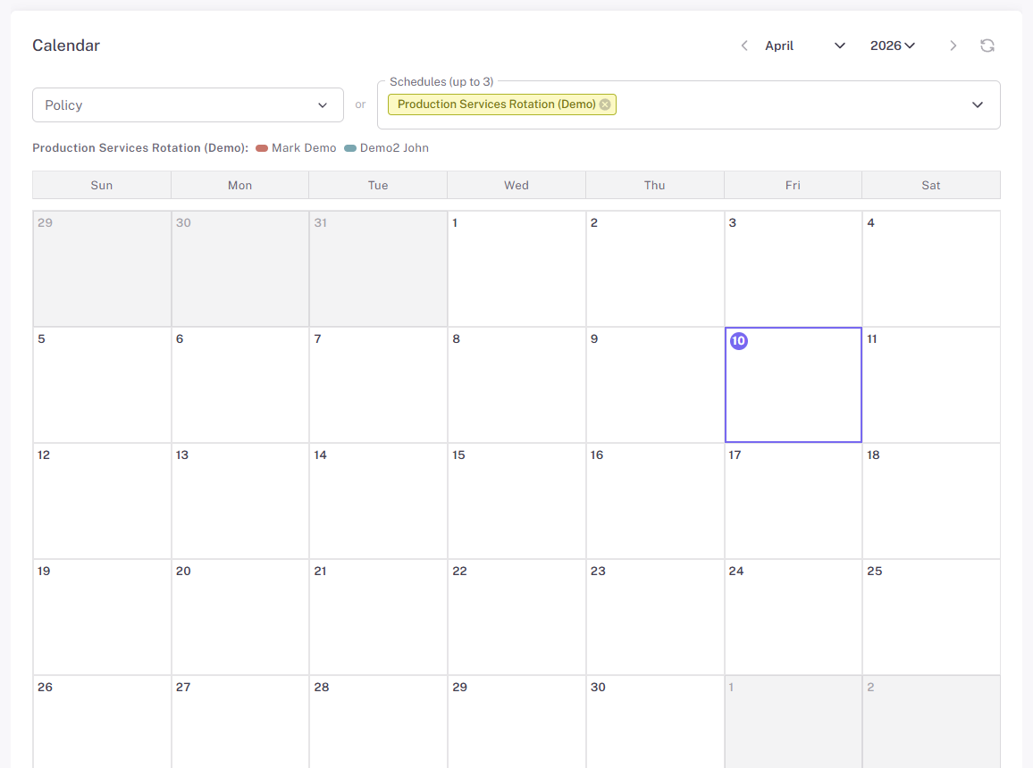 On-Call Calendar page showing rotation coverage for a selected schedule.