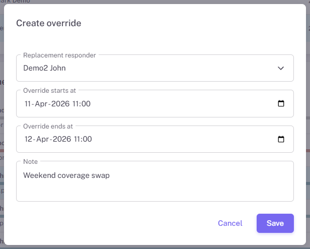 Create override dialog on the on-call schedule page.