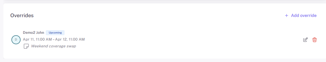 Overrides section on an on-call schedule showing an upcoming override.