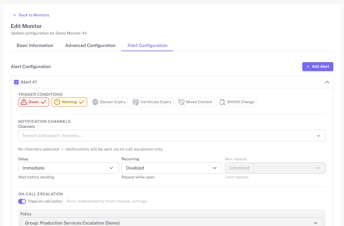 Monitor alert configuration showing the Page on-call policy option.
