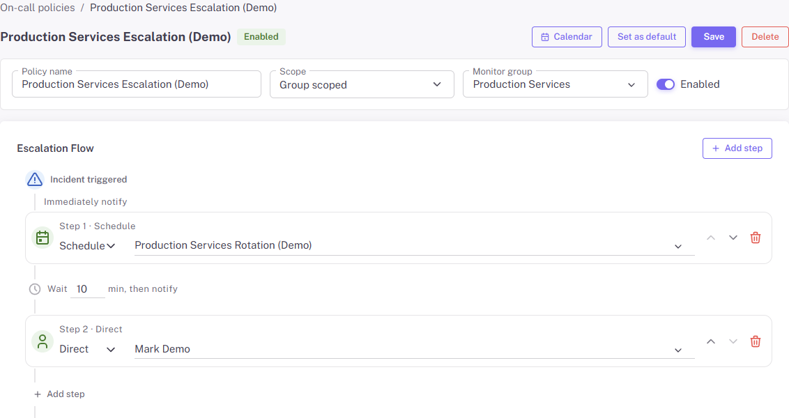 On-call policy detail page in the StatusDrift demo account.