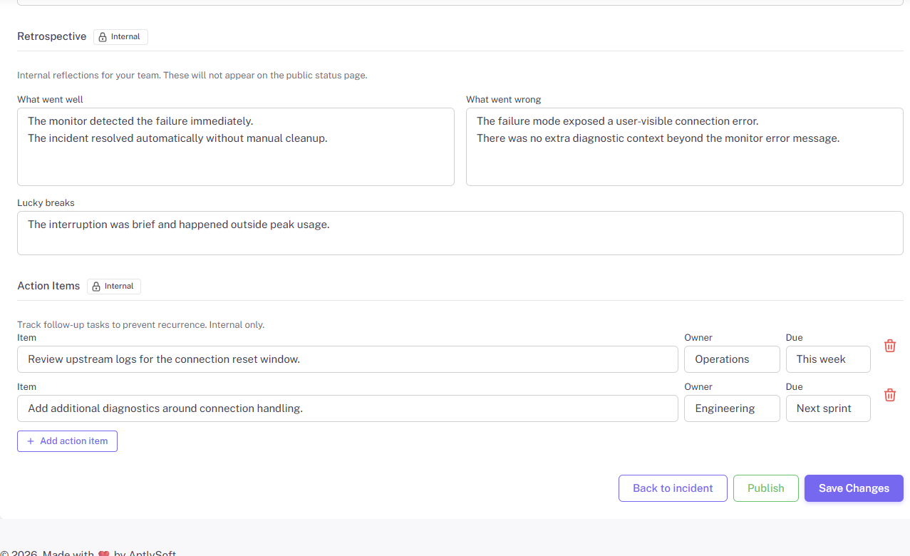 Internal retrospective and action item sections in the incident postmortem editor.