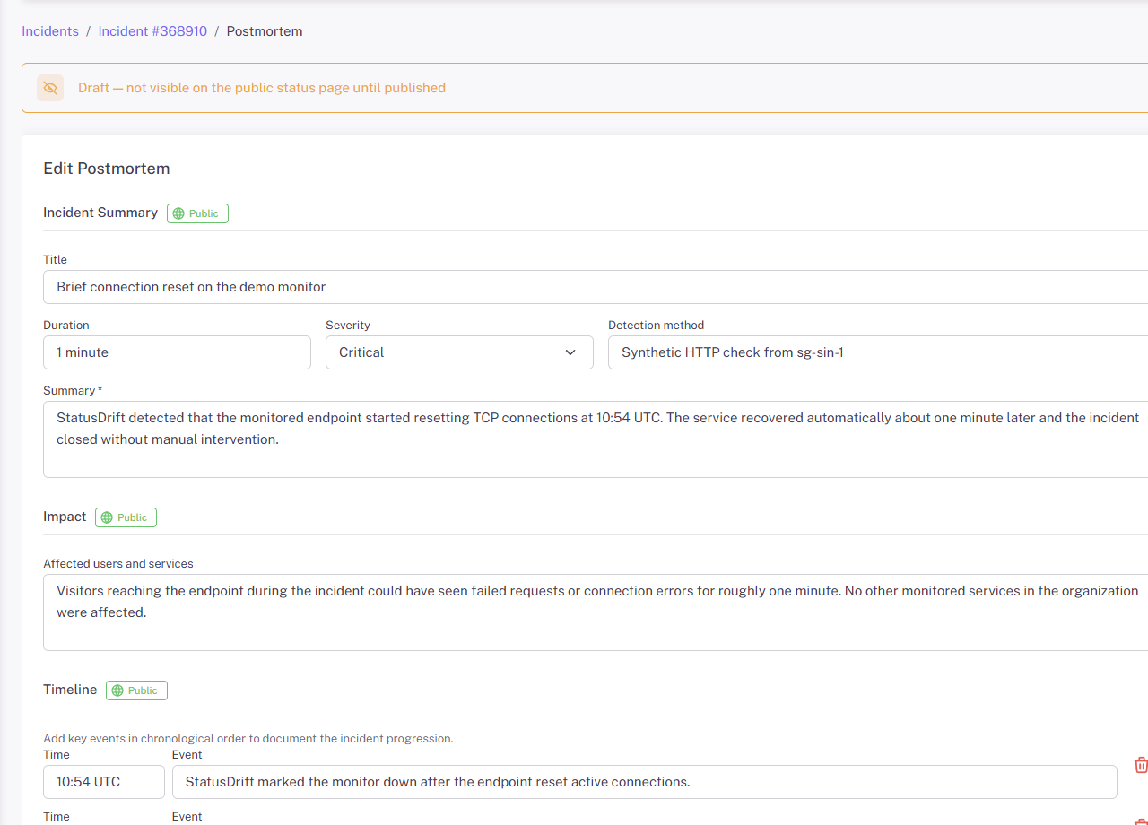 Public sections in the incident postmortem editor, including incident summary, impact, timeline, and analysis.