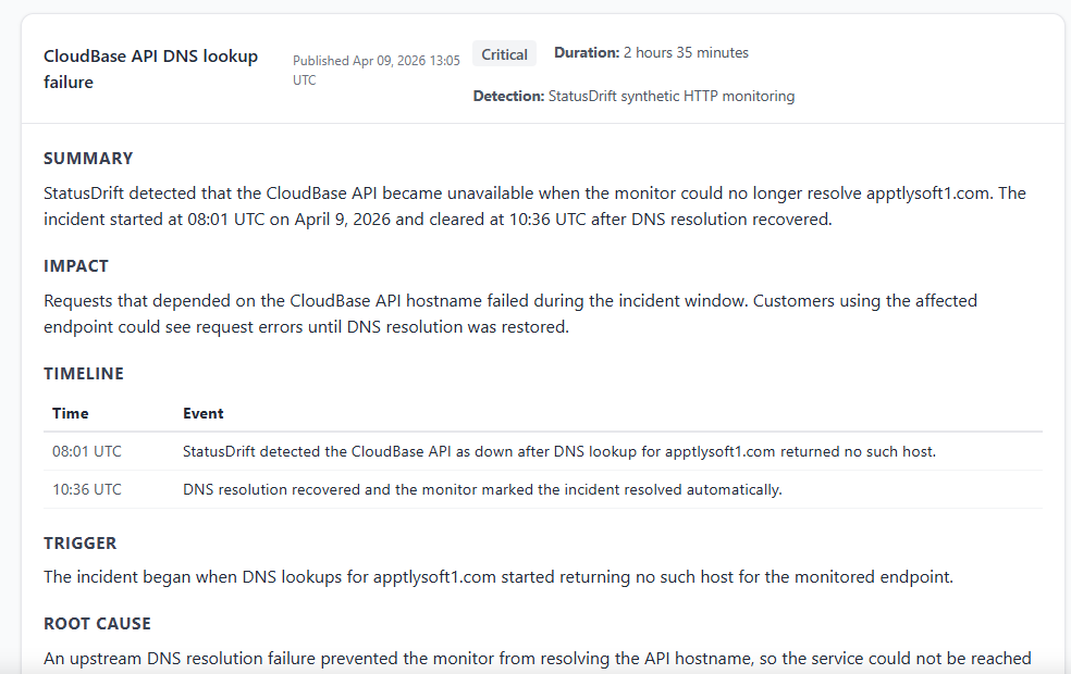 Published incident postmortem card on a public status page.