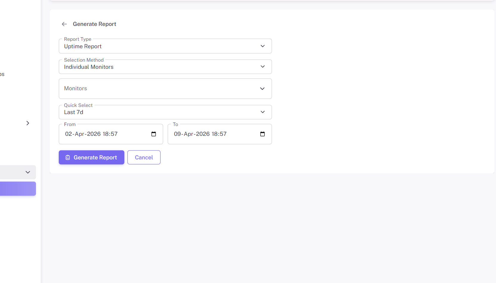 Generate Report form in StatusDrift.