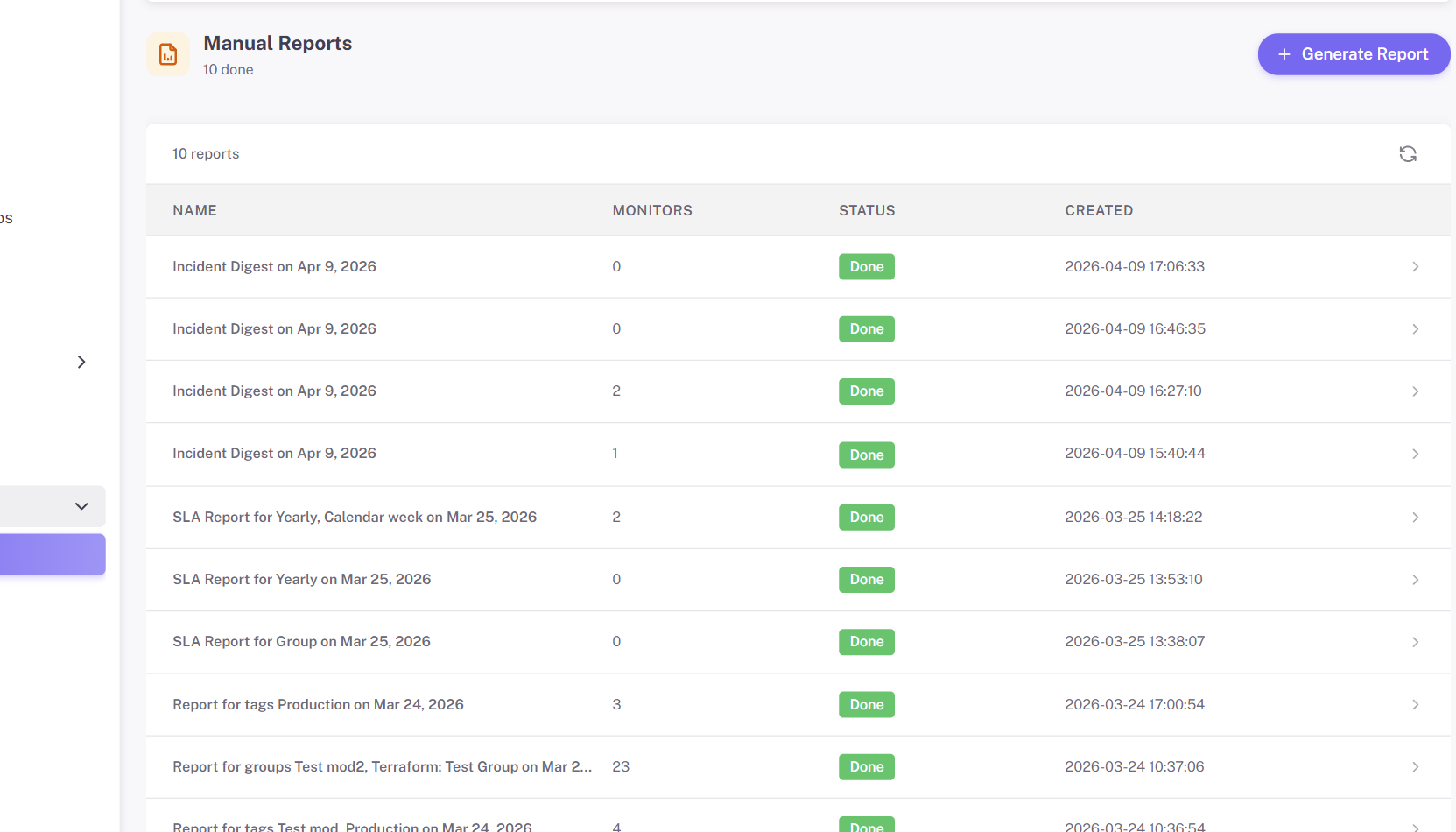 Manual Reports page showing completed reports.