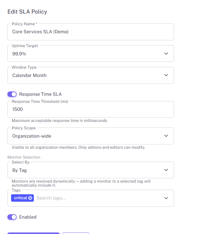 Edit SLA Policy form showing an organization-wide SLA policy.